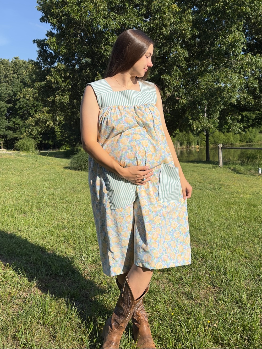 Sleeveless Floral Maternity friendly Dress with green Striped Accents